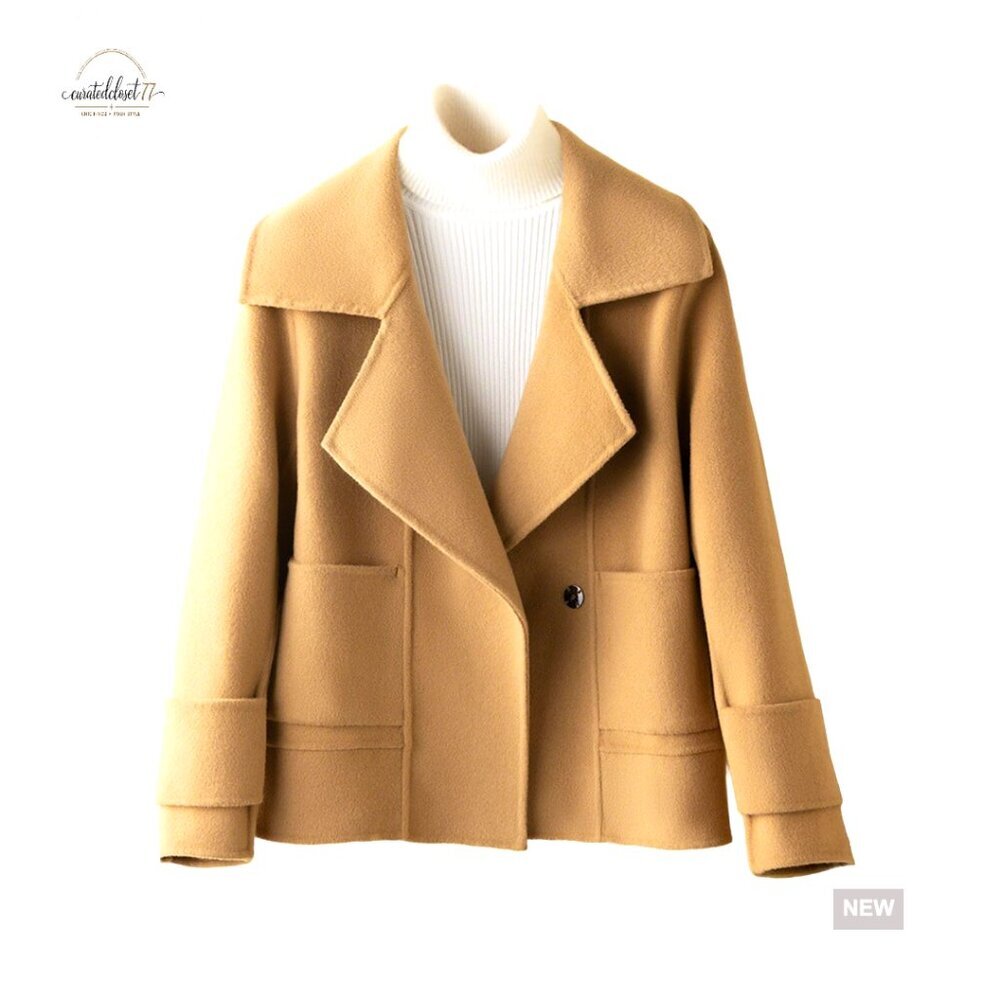 Cropped Wool Pea Coat Slim Fit Notched Lapel Button Closure Pockets